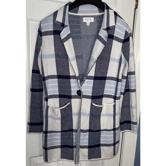 Elle Black & White Plaid Sweater Blazer Single Breasted Jacket - Picture 1 of 6